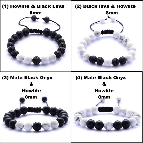 Natural Lava, Howlite, Matte Black Onyx & Howlite Bracelet for GF, Men, Womes, Adutls. Round N Smooth 7 Inch Bracelet.