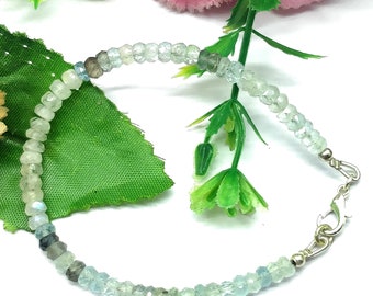 Natural  Rainbow Moonstone & Moss Aquamarine 4mm Faceted 7 Inch Silver Plated Rondelle Bead Bracelet, Dainty Stacking Bracelet.