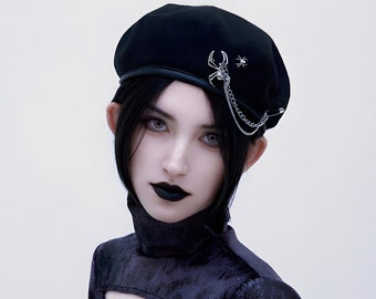 Handmade Spider Chain Beret  / Steampunk Style Black Leather Cap / Gothic Style Gift for cool girls