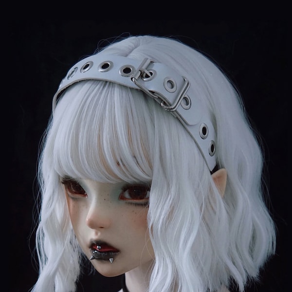White Rock Dark Style Leather Hairband  / White Studded Headband