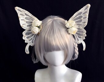 Demon wings hair clip / rose pearl butterfly headpiece / punk and gothic headpiece