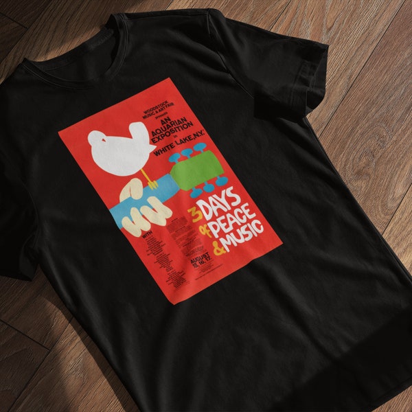 T-shirt Woodstock Music Festival Années 60 - Rétro, Guitare, Unisexe - Coton, Neuf Avec étiquette