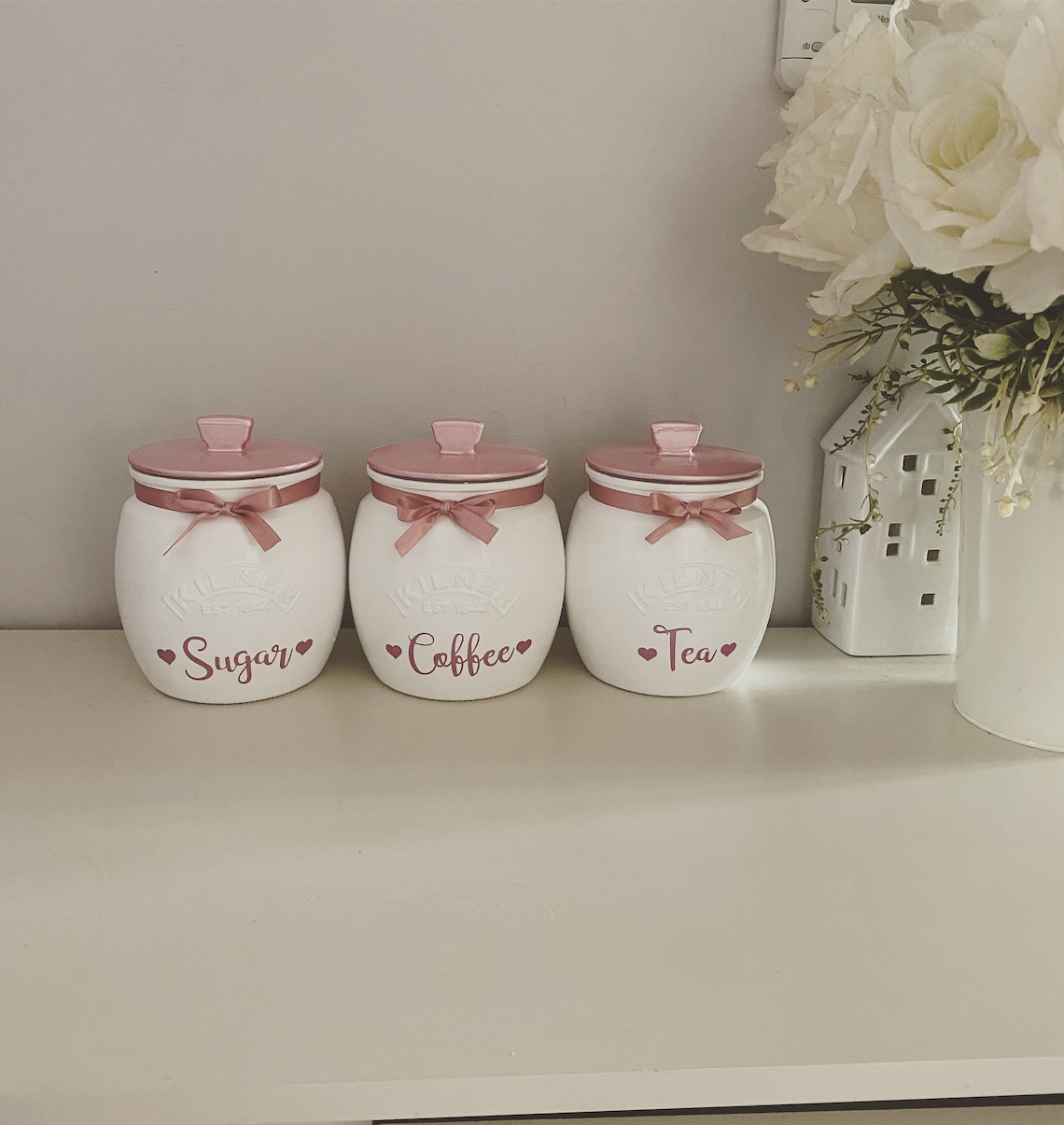 Pink Tea Coffee Sugar Jars with Labels & Ribbon Trim