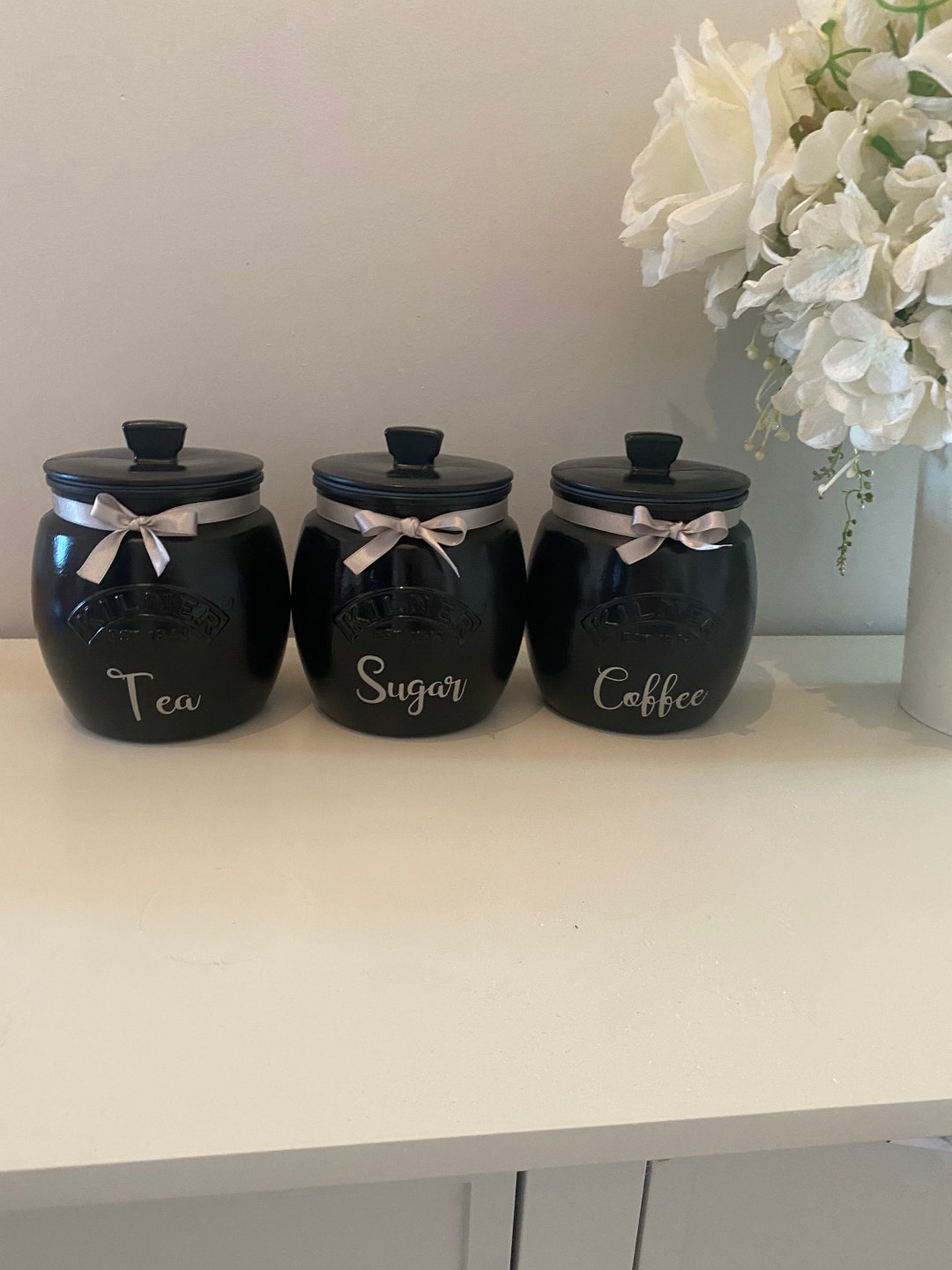 Kilner Tea Coffee Sugar Canisters Black & Silver Etsy UK