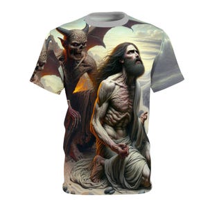 Christliches Unisex-T-Shirt, Satan, der Jesus versucht, 40 Tage ohne Essen, Gut gegen Böse Shirt, religiöses Herren Damen Top, christliches Geschenk,