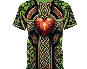Cruz cristã com nós celtas, trevo de quatro folhas, herança irlandesa, camisa da sorte, bênçãos de Deus, arte celta, Cristo vive.
