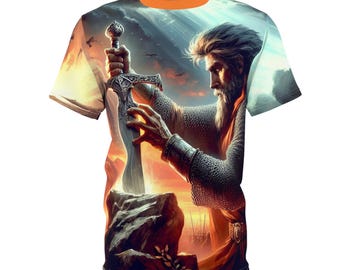 Rei Arthur de Camelot, Camiseta Medieval Unissex, Camiseta Excalibur, Camiseta com Estampa Renascentista, Camiseta Histórica com Espada, Cavaleiros da Távola Redonda