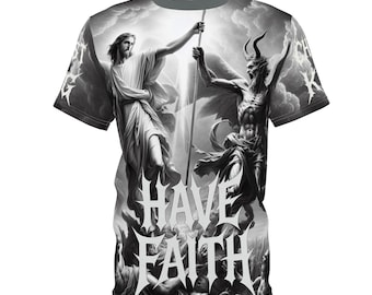 Camiseta Jesus VS Satanás, Design de Batalha Religiosa, Camiseta, Camiseta Bem vs Mal, Arte Apocalipse, Confronto Cristão com Satanás, Ideia de Presente Religioso