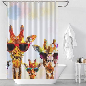 May include: A shower curtain featuring a colorful illustration of three giraffes wearing sunglasses. The giraffes are painted in a vibrant, abstract style with a white background.