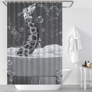 Funny Giraffe Shower Curtain, Black and White Giraffe Bathing Shower Curtain, Giraffe Squirting Water Curtain, Animal Curtain for Bathroom