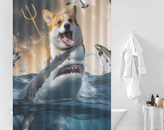 Corgis Riding Shark Duschvorhang, Lustiger Hund Badevorhang Mit Haken, Ozean Meer Haie Krieg Wasserdichter Vorhang