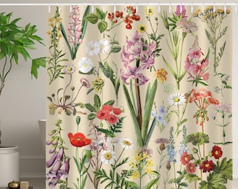 Herb Plant Shower Curtain, Wild Flowe Curtain Waterproof, Botanical Bohemian Bath Curtain With Hooks, Home Decoration Housewarming Gifts