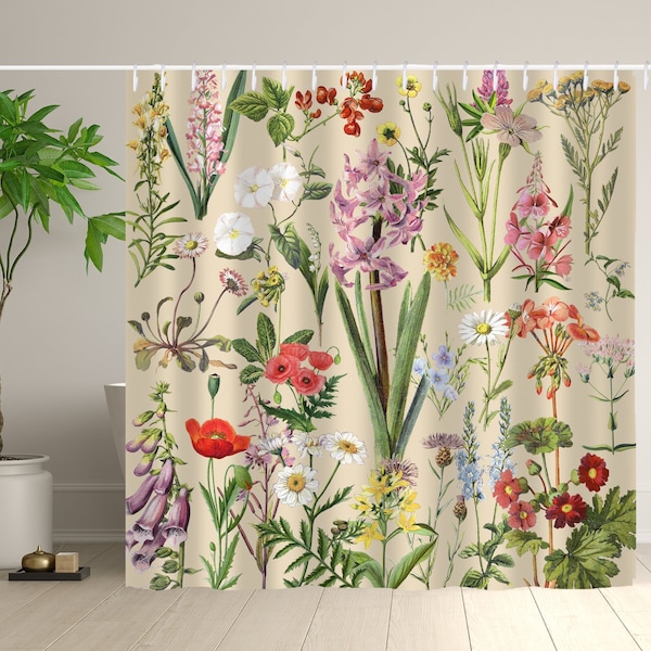 Herb Plant Shower Curtain, Wild Flowe Curtain Waterproof, Botanical Bohemian Bath Curtain With Hooks, Home Decoration Housewarming Gifts