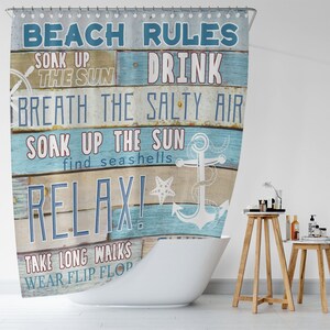 Beach Rules Anchor Shower Curtain, Summer Nautical Theme Waterproof Curtain, Wooden Background With Words Bathing Curtain, Nautical Curtain