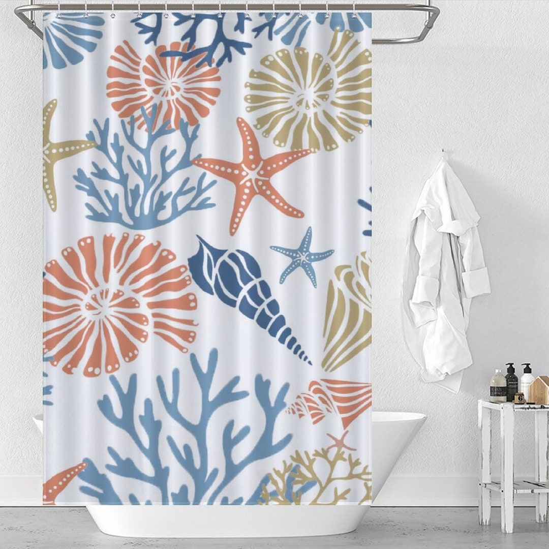 Coral Shower Curtain, Colorful Sea Starfish Shell Waterproof Curtain, Bathroom Shower Curtain
