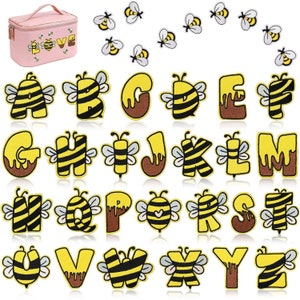 Parches bordados con letras de abeja, abejas de dibujos animados para 26 letras del alfabeto inglés, parche para planchar con letras de abeja, parches del alfabeto con nombre DIY