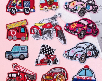 Fire Truck Embroidery Patch, Police Cars Patch, Train Patch, Racing Car Patch Cartoon DIY Applique Motif for Kid Clothing Jacket Decoration