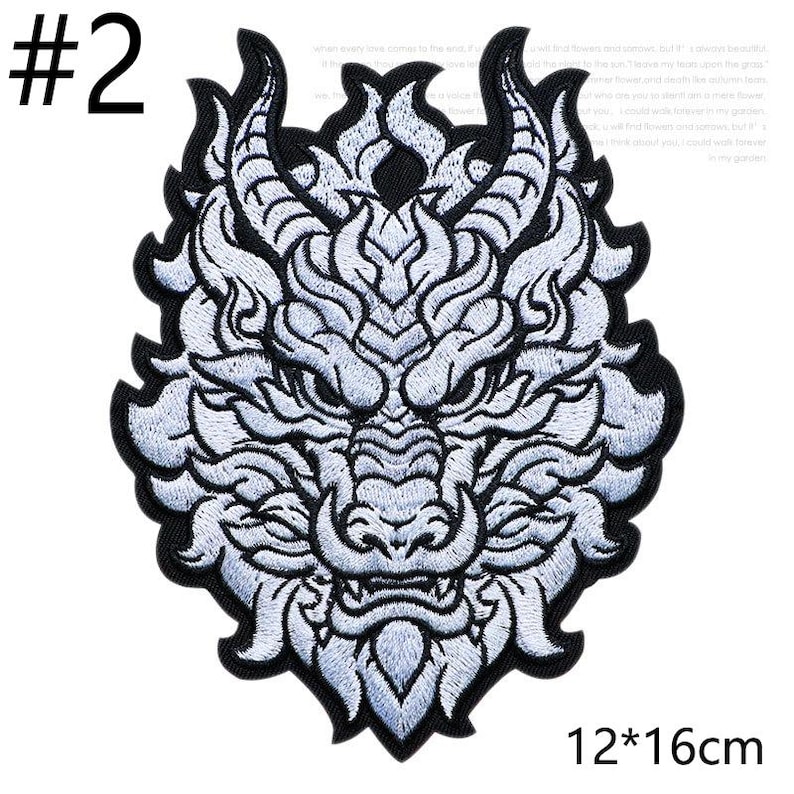 May include: Embroidered patch featuring a detailed white dragon head design with black outlining. The patch is approximately 4.7 x 6.3 inches and has the number "2" in the upper left corner.