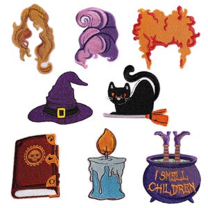 May include: Set of ten Halloween-themed iron-on patches. The patches feature a witch's hat, a black cat, a cauldron, a candle, a book, and three different styles of witch's hair.