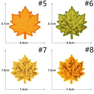 Pu&ograve; includere: Quattro toppe a forma di foglia d'acero etichettate #5, #6, #7 e #8. Le toppe #5 e #6 misurano 8,7 cm per 8,4 cm. Le toppe #7 e #8 misurano 7,8 cm per 7,4 cm. Le foglie sono ricoperte di paillettes arancioni, verdi, gialle e bronzo.
