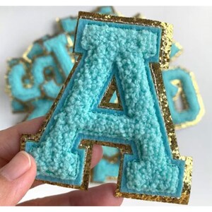 Blue Letters Glitter Chenille Embroidered Iron On Patch,Applique DIy Name Badge Alphabet Patches For Clothing Bag Accessories A-Z