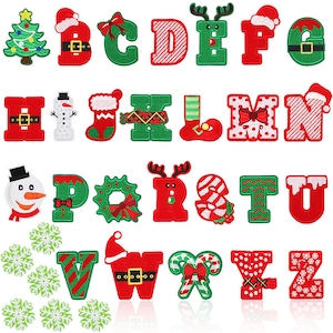 May include: A set of 26 felt alphabet letters in various colours and designs, including a Christmas tree, a snowman, a candy cane, and a snowflake. The letters are embroidered with festive details and are perfect for crafting or decorating.
