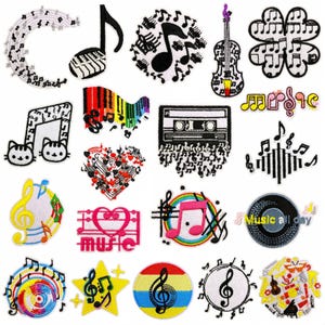 May include: A selection of embroidered patches with musical motifs. Designs include musical notes, treble clefs, a violin, a cassette tape, and the word "MUSIC". Patches are in various colours, including black, white, yellow, red, and rainbow hues.