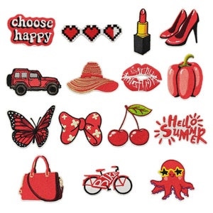 May include: A set of 14 red embroidered iron-on patches. The patches feature various designs including a butterfly, a bow, cherries, a jeep, a hat, lips, a pepper, a bicycle, an octopus, a heart, lipstick, high heels, and a phrase that says "choose happy" and another that says "hello summer".