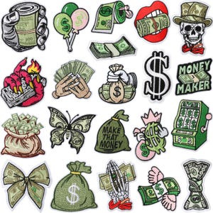May include: A collection of embroidered patches featuring money-themed designs. Includes stacks of cash, dollar signs, money bags, a butterfly, a slot machine, and the text "Make That Money". The patches are in various colors, including green, red, and white.
