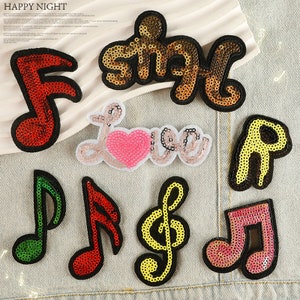Musical Note Sequined Applique Patch,Sequins Patch Supplies for Coat,T-Shirt,Costume Decorative Appliques Patches,Iron On Patches