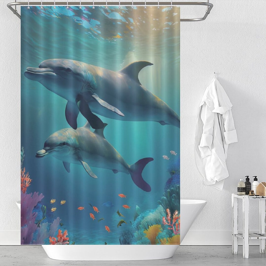 Dolphin Underwater Shower Curtain, Colorful Coral Dolphin Waterproof Curtain, Ocean Shower