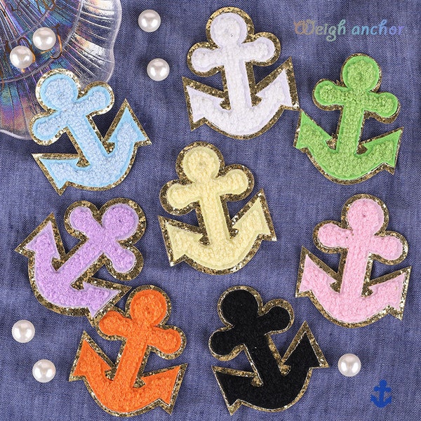 Anchor Fabric Chenille Patch,Gold Glitter Embroidered Patch, Iron On Patch,8 Different Color Options