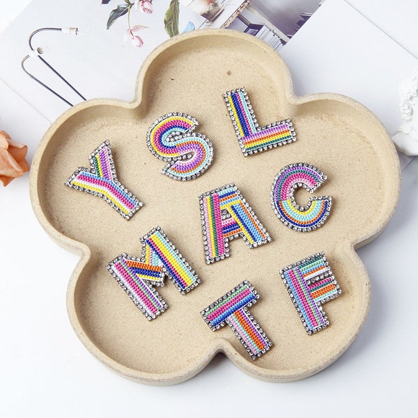 Colorful Rhinestones Letters Patch A-Z, Alphabet Embroidered Applique Crystal Letters Pin