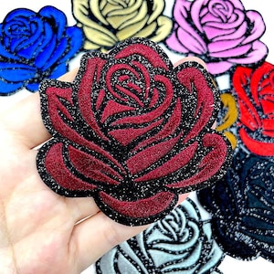 Rose Patch,Flower Applique Floral Embroidered Patch,Glitter Rose Iron On Patch