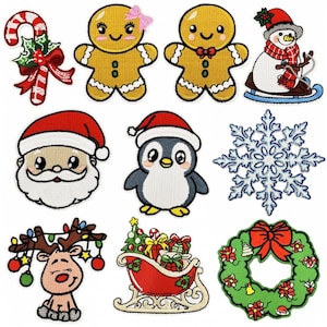 May include: A selection of embroidered Christmas patches with festive designs. Includes a candy cane, gingerbread people, a snowman on a sled, Santa Claus, a penguin, a snowflake, a reindeer, a sleigh with gifts, and a wreath.