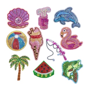 Summer Patches,Beach Sequin Patches,Dolphin Patch,Ice Cream Patch,Shell Patch,Palm Tree Patch,DIY Embroidered Patch,Iron on Patch