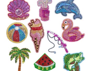Summer Patches,Beach Sequin Patches,Dolphin Patch,Ice Cream Patch,Shell Patch,Palm Tree Patch,DIY Embroidered Patch,Iron on Patch