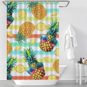 Pineapple With Glasses Shower Curtain, Colorful Stripes Pineapple Waterproof Curtain, Cool Cute Tropical Fruit Bathroom Curtain