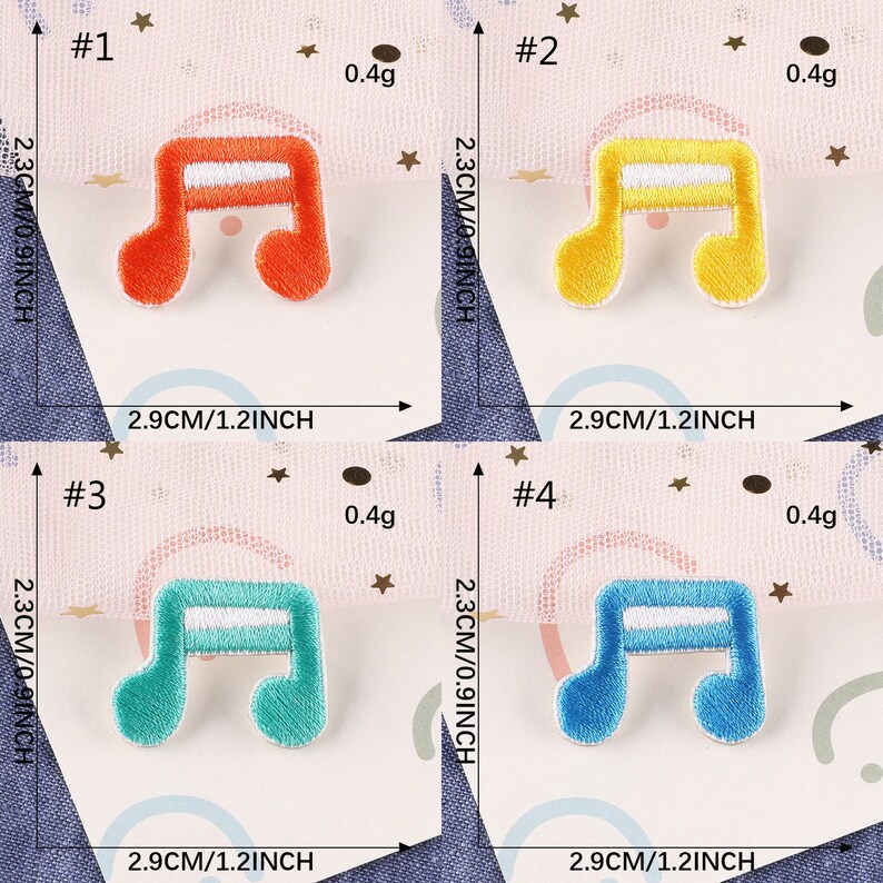 May include: Four embroidered iron-on patches in the shape of a musical note. The patches are 2.3 cm by 2.9 cm and are available in red, yellow, blue, and green.