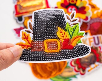 Thanksgiving Sequin Patches, Fall Harvest Maple Leaf Pumpkin Embroidery Applique,Iron On Patch