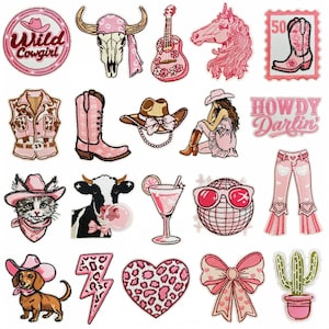 May include: A collection of twenty embroidered patches featuring pink and western-themed designs including a cow skull, guitar, horse, cowboy boots, a vest, a hat, a cat, a cow, a cocktail, a disco ball, trousers, a dog, a lightning bolt, a heart, a bow, and a cactus.