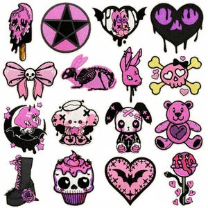 May include: A selection of pink and black embroidered patches with gothic and alternative designs. The patches depict a pentagram, hearts, skulls, a skeleton bunny, a bow, a teddy bear, and a high-heeled boot.