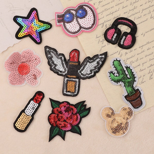 Sparkling Sequin Patch,Lipstick Sequin Patch, Color Star Patch,Headphones Patch,Flower Patch,Potted Plant Patch Etc,Iron On Patch