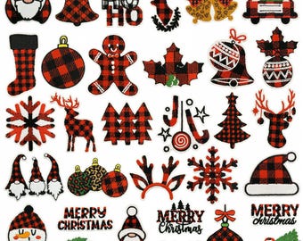 Écusson rouge de Noël, écusson de broderie de Noël, écusson boule de Noël, arbre de Noël, wapiti, écusson père Noël, écusson thermocollant