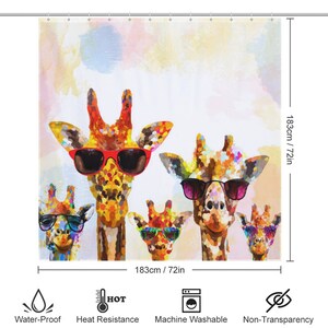 May include: A colorful shower curtain featuring a painting of four giraffes wearing sunglasses. The giraffes are painted in a vibrant, abstract style with a white background.