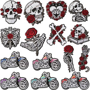 May include: A collection of embroidered patches featuring white skulls, skeletons, and bones accented with red roses, along with several motorcycles in various colors including blue, pink, purple, teal, and red, all displayed on a white background.