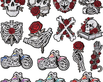 Gothic Skull Rose Embroidered Patch,Iron On Halloween Applique, Skeleton Hand Patch, Dark Romantic Emo Patches for Denim Jacket