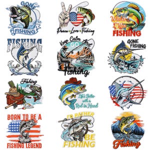 May include: A collection of twelve embroidered patches featuring fishing themes. Designs include various fish species, fishing rods, American flags, and text such as Gone Fishing, Peace Love Fishing, Fishing Legend, and Life's Better with a Rod in Hand.