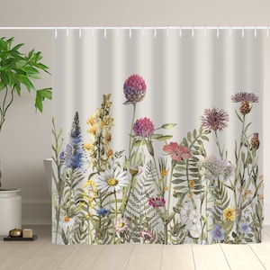 Botanical Wild Flower Herb Shower Curtain, Retro Plants Flower Waterproof Curtain, Nature Bath Curtain With Hooks, Housewarming Gifts