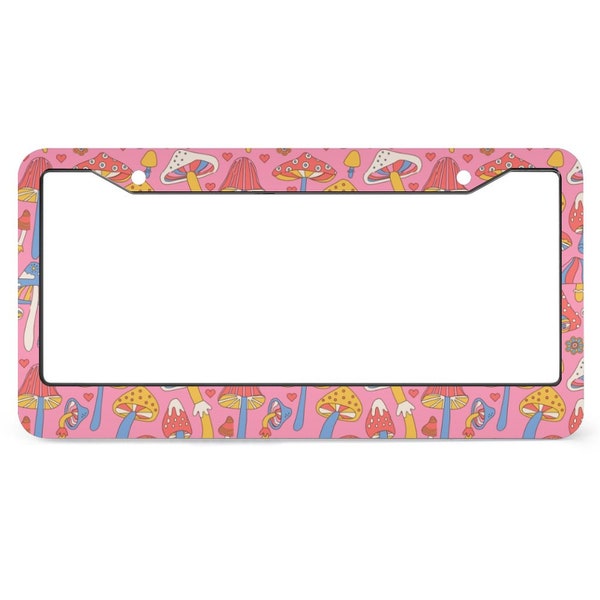 Mushroom License Plate Frame, Colorful Hippie Mushroom License Plate Frames, Cute Pink Mushroom Car Plate Frame, Personalized Car Tag